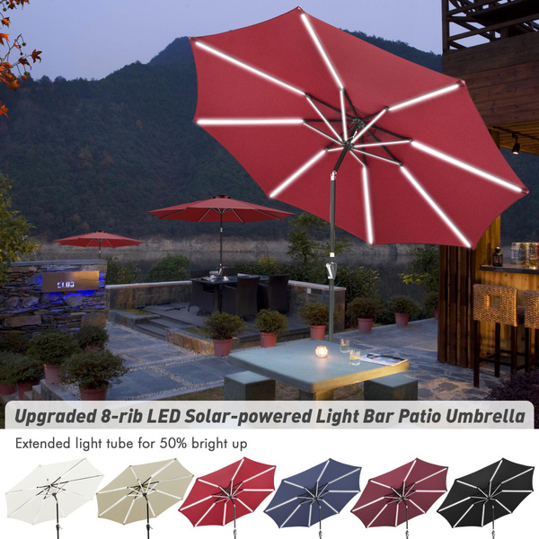 Andyes 10ft 8 Ribs Patio Umbrella With Solar Power Led Lights Market Parasol Yard Sunshade Tilt With Crank For Home Cafe Wish