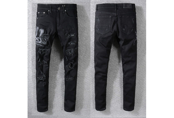 Men's Snake Embroidery Distressed Patches Leather Sneak Pants