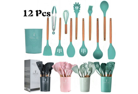 8-12PCS Pink/Black/Green/Mint Green Silicone Kitchenware Set for Non-Stick  Pan -- Wooden Handle Healthy Cookware Easy To Clean and High Temperature  Resistance Kitchen Utensils Set With Storage Bucket