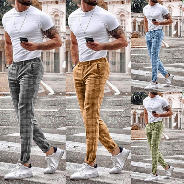 Mens Fashion Pants Plaid Trousers Male Casual Summer Social Slim Fit  Streetwear Clothes Sweatpants Zipper Soft Elastic Business  Casual Pants   AliExpress