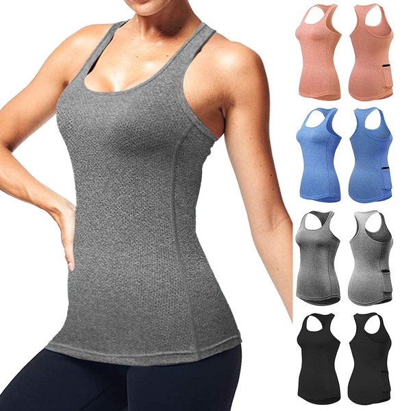 Workout Tank Tops Strappy Athletic Tanks with Side Pocket Exercise