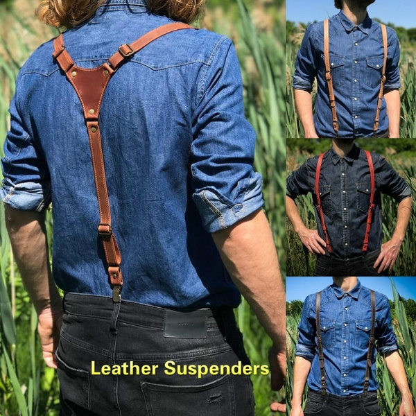 DEBAIJIA Mens Suspender Braces Trousers Pants Accessory Adjustable Elastic  Y Shape 6 Leather Clips Plain - Black - ShopStyle