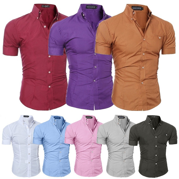 Plus Size Summer Men's Short Sleeve Party Shirt Casual Solid Color ...