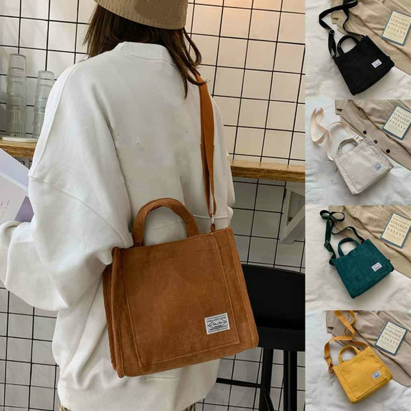 Women Corduroy Zipper Shoulder Bag Small Cotton Canvas Handbag
