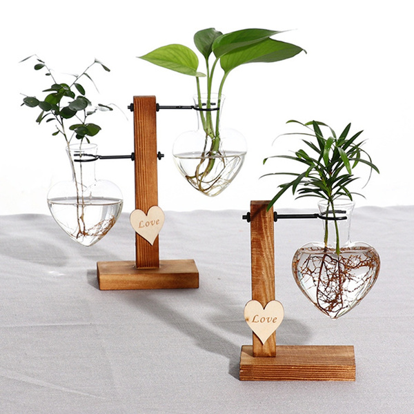 Love-1 Water Planting Glass Vase Desktop Glass Planter Bulb Vase Hanging with Retro Solid Wooden Stand for Hydroponics Plants Home Office Decor