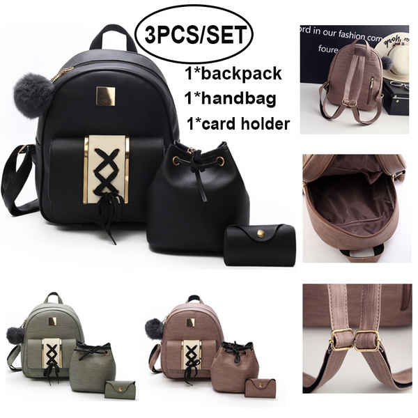 3pcs/set Pu Leather Backpack Female Ladies Shoulder Bags Women Handbags  Fashion School Backpacks for Teenagers Girls Outdoor Travel Bag Backpack  Set with Bucket Bag & Card Purse