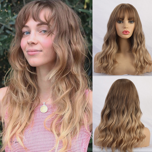 Synthetic Ombre Brown to Golden Blonde Mix Color Wigs with Bangs Long  Natural Hair Wigs for White/Black Women | Wish