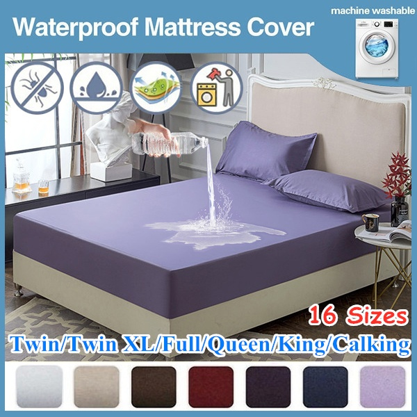 Solid Bed Fitted Sheet Waterproof Mattress Pad Protector Twin Full Queen King 