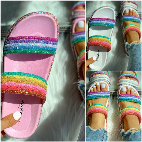 rainbow striped open toe flat slipper