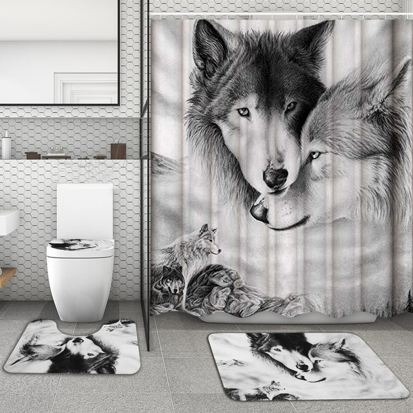 Wolves Wolf Gray Shower Curtain Bath Mat Toilet Cover Rug Bathroom Decor Set 
