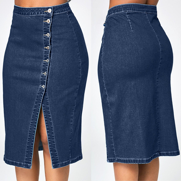 Hem Wrap Bodycon Knee Length Denim Skirt Frayed Edge - Temu