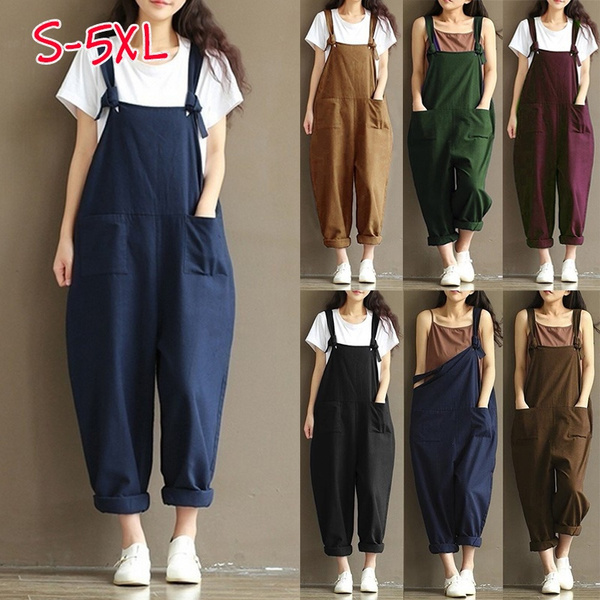 Casual Loose Jumpsuit Women Summer Solid Cotton Linen Straps Wide Leg Pants  Dungaree Bib Overalls Sleeveless