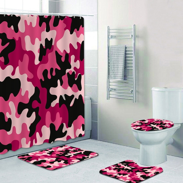 Camouflage Shower Curtain Bath Mat Toilet Cover Rug Bathroom Decor 