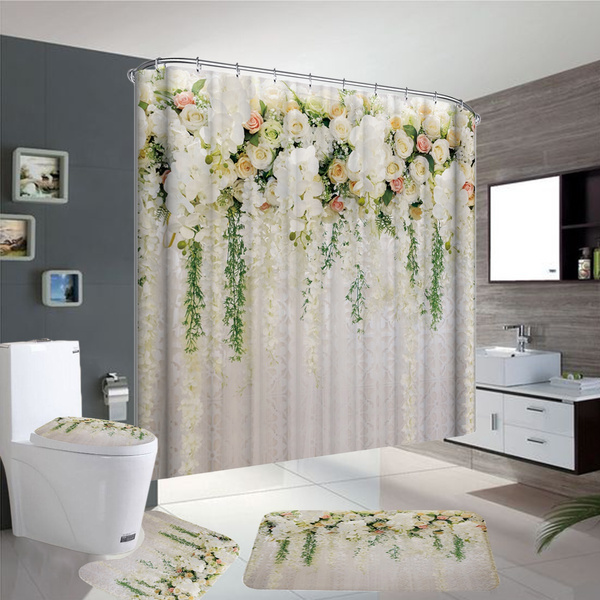 Flower Decor Bathroom Shower Curtain Non Slip Bath Mat Toilet Seat Cover Rug Room Carpets Set Wish