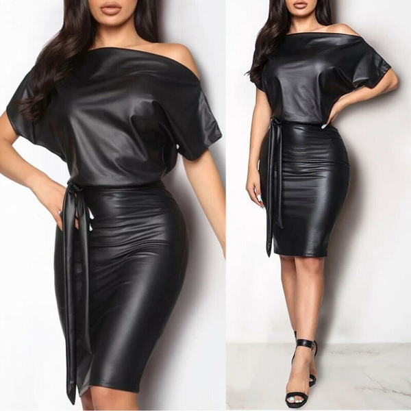 Black Asymmetrical Sexy Faux Leather Dress Women Summer Long Sleeve Knee  Length Pencil Dresses