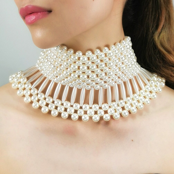 Chokers Necklaces Luxury WIde Layered Choker Necklace Women Weaving Pearl  Short Necklace Sexy Wedding Party Chokers Cocktail Body Jewelry