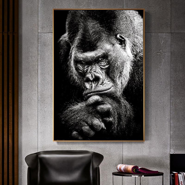 Gorilla Wall Art Black White Animal Painting Poster Print Picture Room Decor