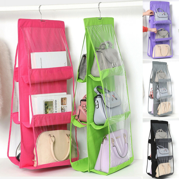 6 Pockets Hanging Closet Organizer Clear Foldable Handbag Purse Storage Bag 