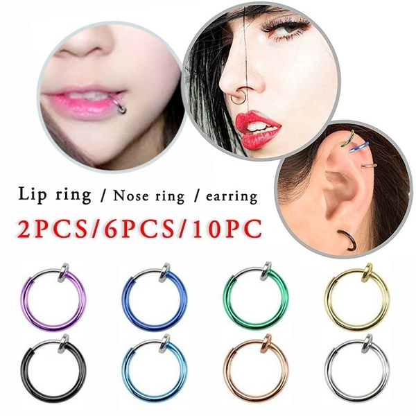 4X Fake Spring Clip On Nose Ring Lip Ring Fake Lip Hoop Piercing Earrings Ri JJ 