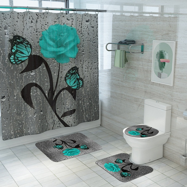 Waterproof Green Butterfly Rose Shower Curtain Bath Toilet Seat Cover Mat Set 