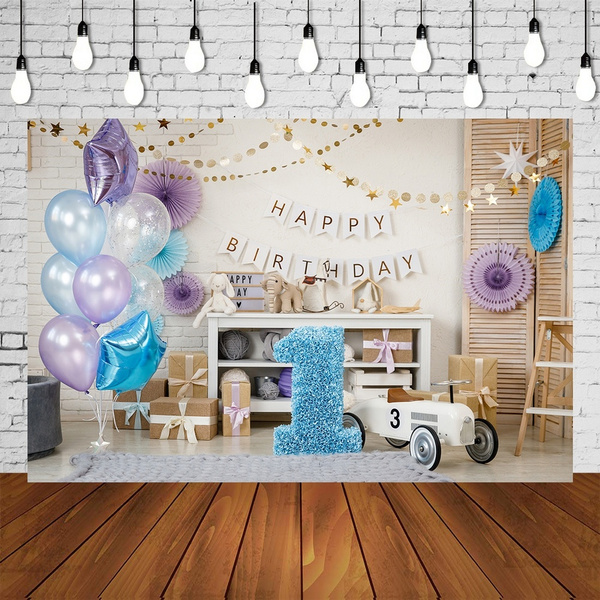 1st birthday backdrop for 1 year baby boy diy photo at home one blue  balloons toys cake smash photography background photoshoot | Wish