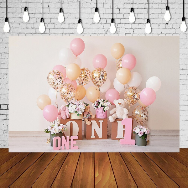 1st birthday backdrop for 1 year baby girl diy photo at home pink balloons  toys cake smash photography background photoshoot | Wish