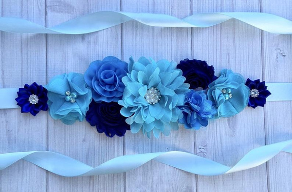 Details about   Blue And White Maternity Sash Belt Baby Showers Belt /Flower Girl Sash 