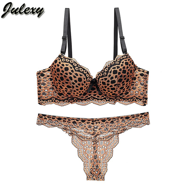 Julexy New 2020 Leopard Print Sexy Hollow Out Bra Set Lace Push Up A B C Cup Underwear Set Wish 5883