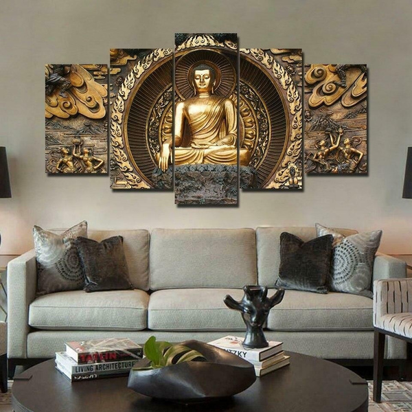 Golden Buddha Statue Unframed 5 Piece Canvas Wall Art | Wish