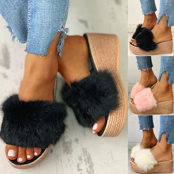 Fur Fluffy Sliders Platform Heel Sandals Women Wedge Slip On