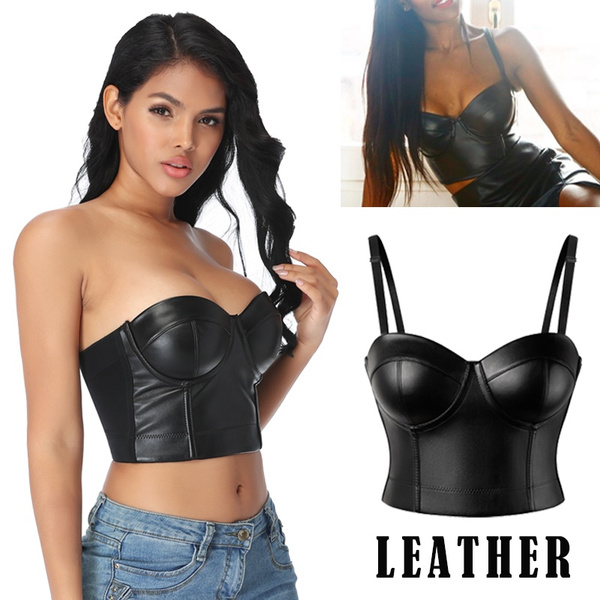 Women Black Leather Bra Tops Gothic Push Up Bra Corsage Lingerie Corselet  Clubwear Tanktop Camisole Suspender Vest Sleeveless Crop Tops Sling Vest  Wrapped Chest Plus Size
