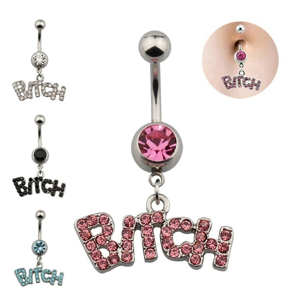 Bitch Letter Rhinestone Crystal Belly Button Navel Ring Barbell Surgical Steel