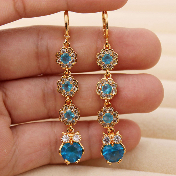 18K Gold Filled 2.4 Flower Sea Blue Owl Topaz Zircon Long