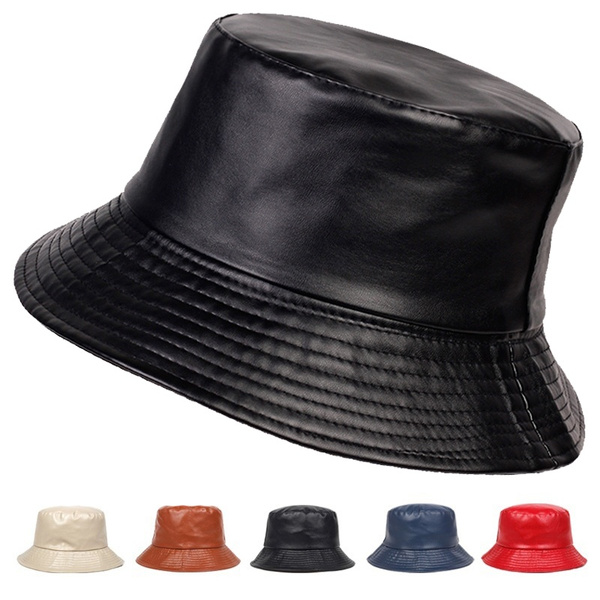Pu leather bucket hat men's women's fisherman hat fishing hat outdoor solid sun  hat travel fashion accessories