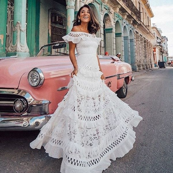 white crochet off shoulder dress