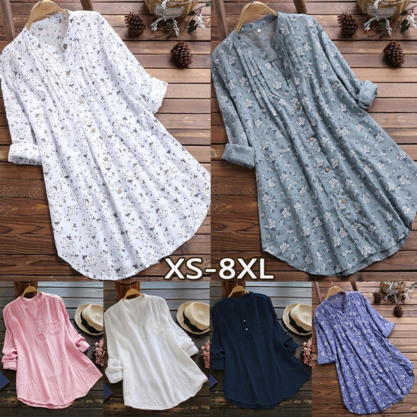 Ladies Loose Dress Long Tops Womens Cotton Linen Shirt Dress Blouse Plus  Size