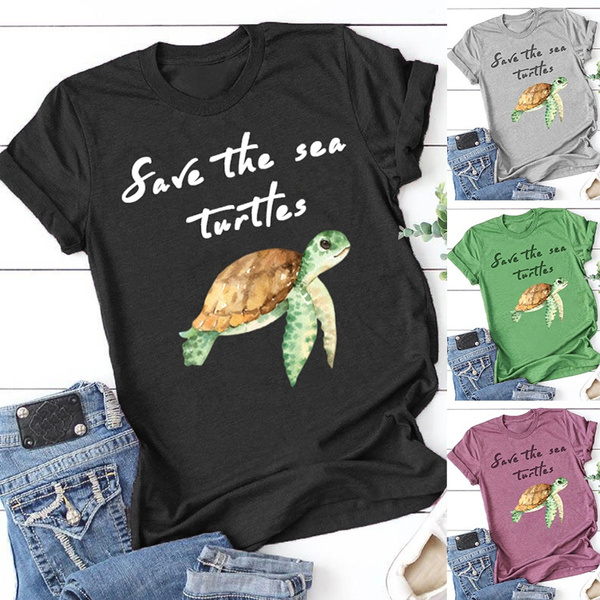 Karuina Womens Loose Mermaid Turtle Conch Marine Theme Printed Round Neck Short Sleeve T-Shirt Tops