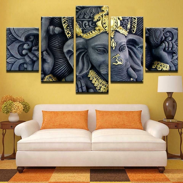 Ganesh Statue East Indian Hindu Painting No Frame 5 Piece Canvas Wall Art Wish - East Indian Home Decor