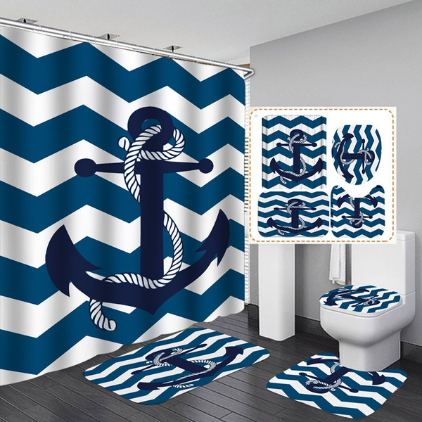 Blue Wave Line Anchor Shower Curtain, Nautical Bathroom Rug Sets
