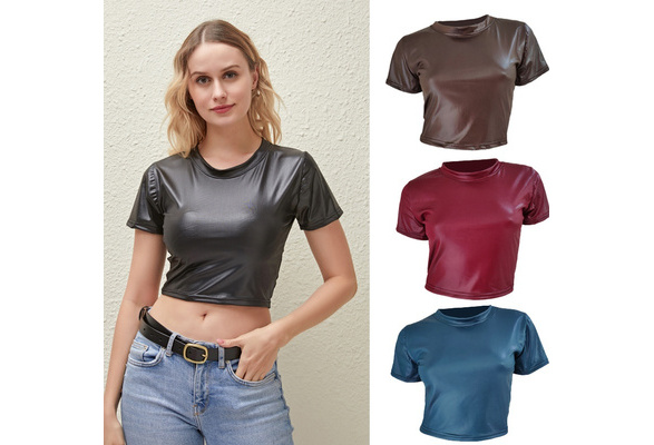 Women PU Leather Crop Top Short Sleeve T-shirt Fashion Front Cross Slim Fit  Tops