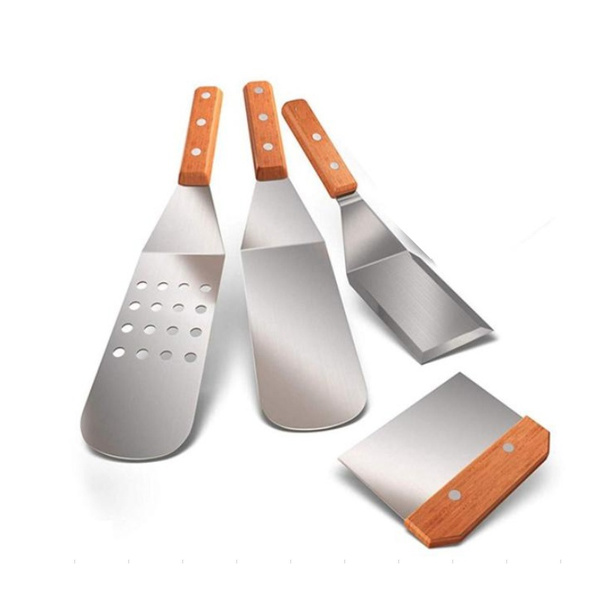 Bioexcel Stainless Steel Metal Spatula with Wood handle Single Set of 5 Griddle Spatula,Perforated Turner For BBQ Grill Griddle Griddle Scraper Dough Scraper 