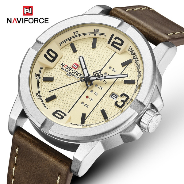 NAVIFORCE Mens Watches Leather Strap Waterproof Clock Men