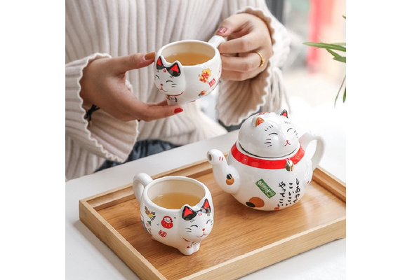 1 Set Maneki Neko Lucky Cat Ceramic Teaware 1 Teapot and 2 Tea Cups Gift  Box Porcelain Tea Kettle With Strainer - AliExpress