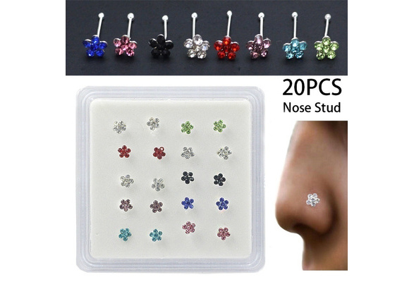Details about   20PCS Silver Rhinestone Nose Studs Rings 8 Colors Beautiful Flower Shap Stylish 