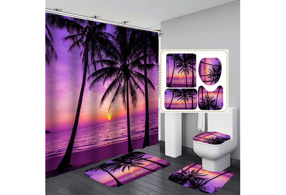 Beach Tree Purple Shower Curtain Bath Mat Toilet Cover Rug Bathroom Decor Set Home Living Waterproof Bath Curtain Sets Mat Non Slip Bathroom Rug Set Bathroom Accessories Decor Toilet Seat Cover Home Decor