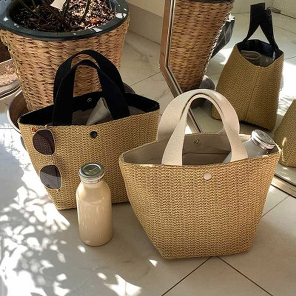 Women Rattan Handbags Summer Beach Straw Bags Wicker Woven Large Tote Bucket Bag