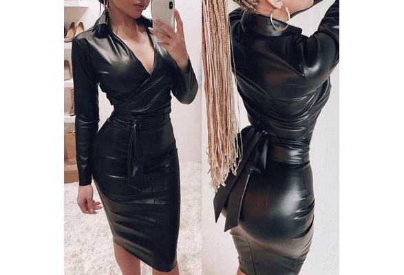 V neck leather outlet dress