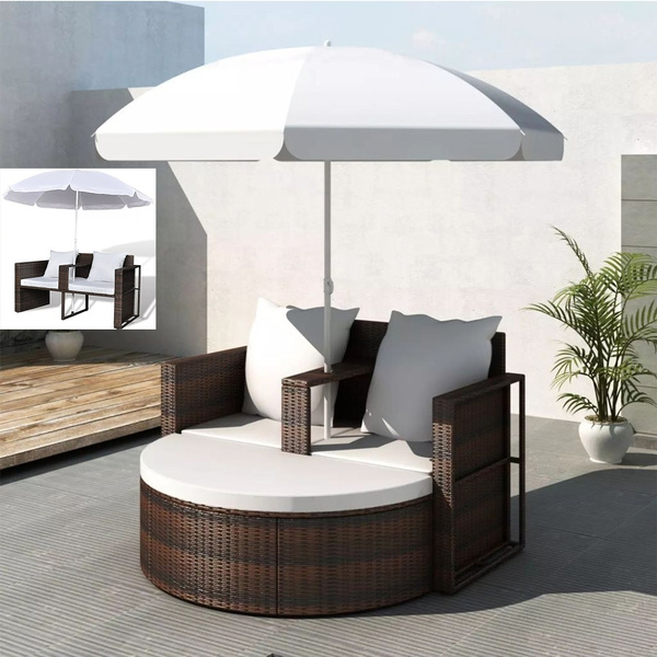 Rattan Outdoor Garden Lounge Set Patio Furniture Sofa With Parasol Brown Wish - Rattan Patio Furniture With Parasol