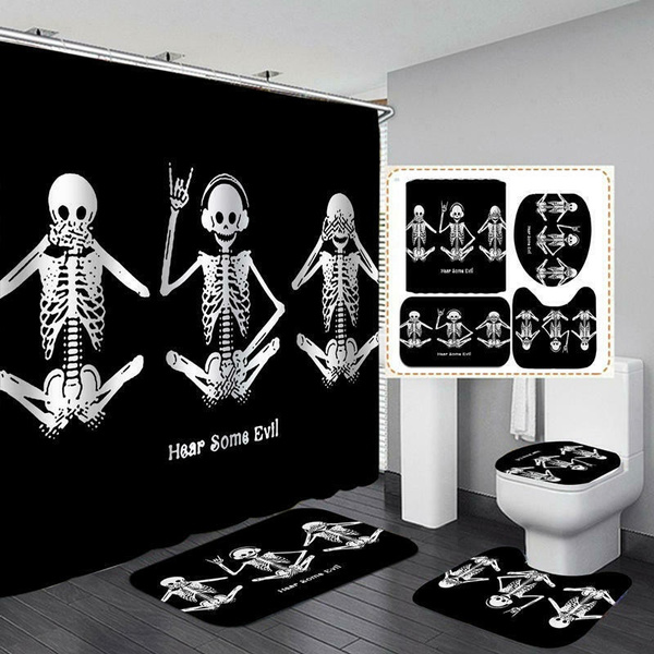 Funny Skeleton Bathroom Shower Curtain Waterproof Bath Sets Toilet Seat Cover Mat Non Slip Rug Decor Wish Funny Skeleton Bathroom Shower Curtain, Skeleton Shower Curtain