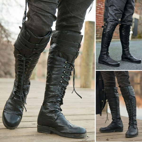 Vintage Medieval Knee High Boots for Men Lace Up Warm Shoes Flat Cool ...